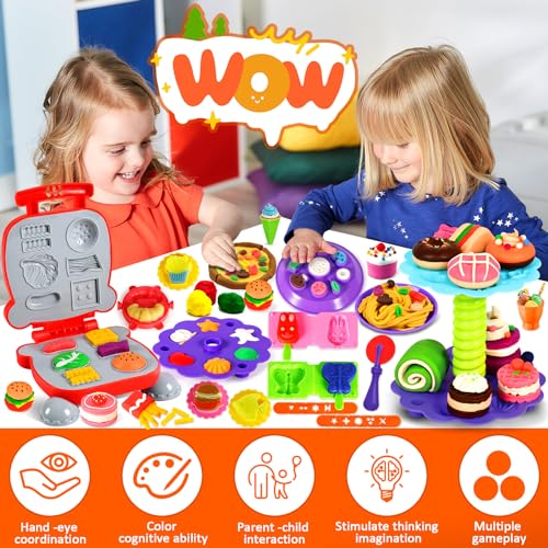 Frasheng Juego de Plastilina, Herramientas Plastilina para Niños, 74 Piezas de Moldes plastilina para Crear Hamburguesa,Pizza y Pasta, Accesorios de Arcilla de Modelado,con 12 Cajas Arcilla