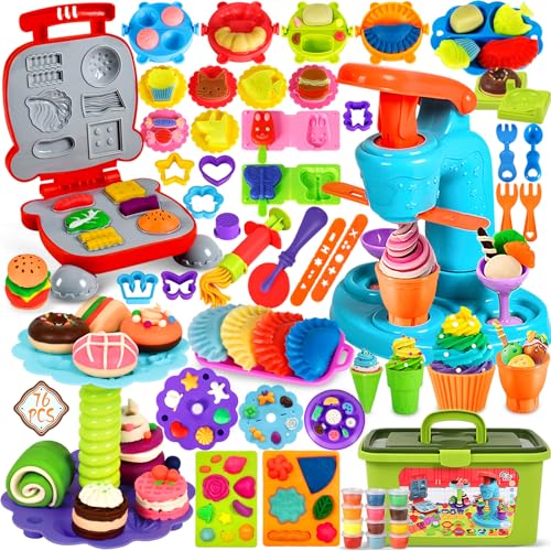 Frasheng Juego de Plastilina, Herramientas Plastilina para Niños, 74 Piezas de Moldes plastilina para Crear Hamburguesa,Pizza y Pasta, Accesorios de Arcilla de Modelado,con 12 Cajas Arcilla