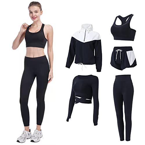 FRECINQ Conjuntos Deportivos para Mujer 5 Piezas Suave Transpirable Cómodo Mujer Chándales Ropa de Correr Yoga Fitness Pilates