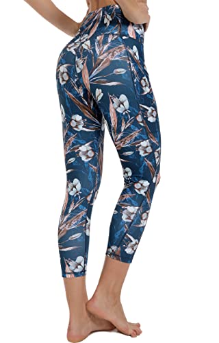 Free Leaper Leggings 7/8 con Bolsillos Mujer Cintura Alta Pantalón Deportivo Yoga y Pilates Mallas para Fitness Running (Flores Blancas Azules, XS)