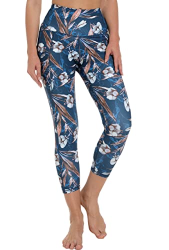 Free Leaper Leggings 7/8 con Bolsillos Mujer Cintura Alta Pantalón Deportivo Yoga y Pilates Mallas para Fitness Running (Flores Blancas Azules, XS)