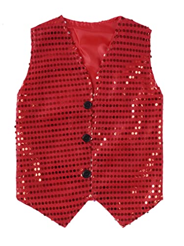 Freebily Chaleco Informal de Fiesta para Niños Chaleco con Lentejuelas sin Manga Esmoquin Traje de Danza Jazz Hip Hop Chaqueta con Botones Caballero Chico Rojo 7-8 años