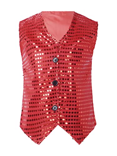 Freebily Chaleco Informal de Fiesta para Niños Chaleco con Lentejuelas sin Manga Esmoquin Traje de Danza Jazz Hip Hop Chaqueta con Botones Caballero Chico Rojo 7-8 años