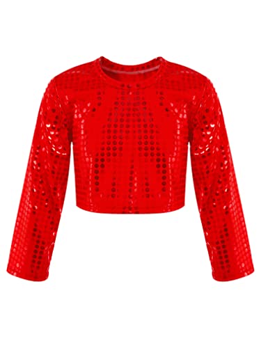 Freebily Crop Top de Baile Moderno para Niña Manga Larga con Lentejuelas Brillante Camiseta Deportiva Ropa de Baile Latino Jazz Fiesta Actuación 2-16 Años Rojo 6-7 años