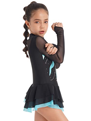 Freebily Vestido de Danza para Niña Maillot de Manga Larga con Brillante Leotardo Gimnasia Rítmica Maillot de Patinaje Competición Traje de Baile A Lago verde 9-10 años