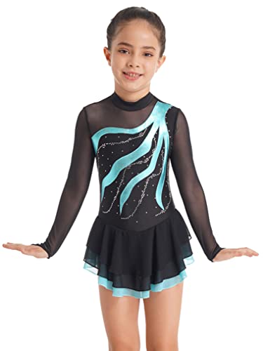 Freebily Vestido de Danza para Niña Maillot de Manga Larga con Brillante Leotardo Gimnasia Rítmica Maillot de Patinaje Competición Traje de Baile A Lago verde 9-10 años