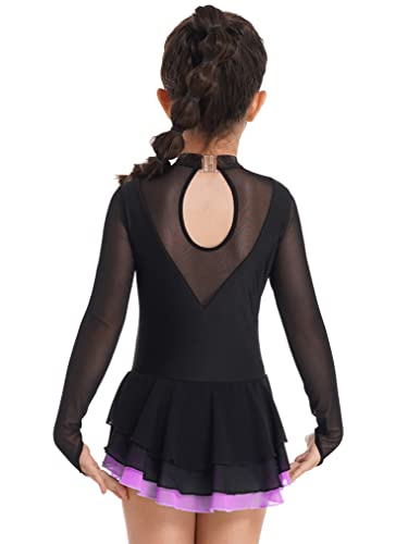 Freebily Vestido de Danza para Niña Maillot de Manga Larga con Brillante Leotardo Gimnasia Rítmica Maillot de Patinaje Competición Traje de Baile A Morado 7-8 años