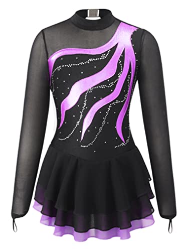 Freebily Vestido de Danza para Niña Maillot de Manga Larga con Brillante Leotardo Gimnasia Rítmica Maillot de Patinaje Competición Traje de Baile A Morado 7-8 años