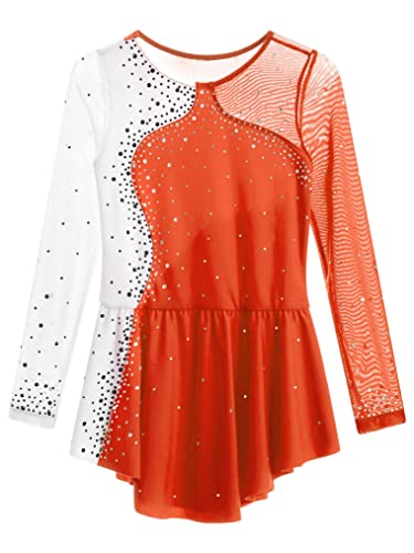 Freebily Vestido de Danza para Niña Maillot de Manga Larga con Brillante Leotardo Gimnasia Rítmica Maillot de Patinaje Competición Traje de Baile H Naranja 9-10 años