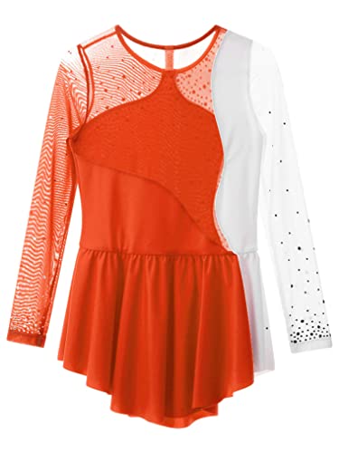 Freebily Vestido de Danza para Niña Maillot de Manga Larga con Brillante Leotardo Gimnasia Rítmica Maillot de Patinaje Competición Traje de Baile H Naranja 9-10 años