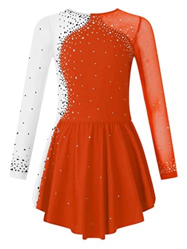 Freebily Vestido de Danza para Niña Maillot de Manga Larga con Brillante Leotardo Gimnasia Rítmica Maillot de Patinaje Competición Traje de Baile H Naranja 9-10 años