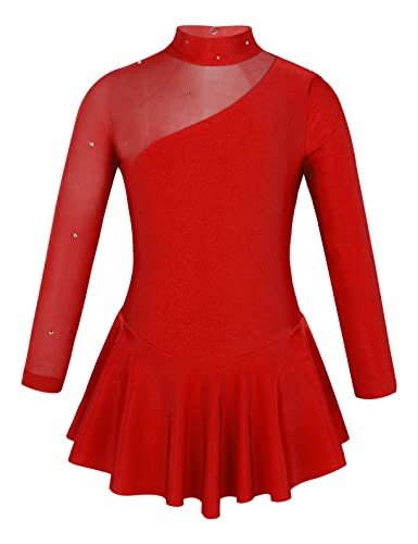 Freebily Vestido de Danza Patinaje Sobre Hielo para Niña Leotardo de Manga Larga Maillot de Gimnasia Rítmica Competición Vestido de Bailarina Ballet Rojo 8 años