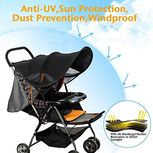 FREESOO Toldo Protector Solar Universal para Cochecitos Capazos Carrito de Bebé Sillas de Paseo Sombrilla Parasol Protección UV contra el Viento a Prueba de Lluvia con Malla Transpirable Negro