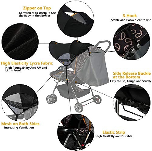 FREESOO Toldo Protector Solar Universal para Cochecitos Capazos Carrito de Bebé Sillas de Paseo Sombrilla Parasol Protección UV contra el Viento a Prueba de Lluvia con Malla Transpirable Negro