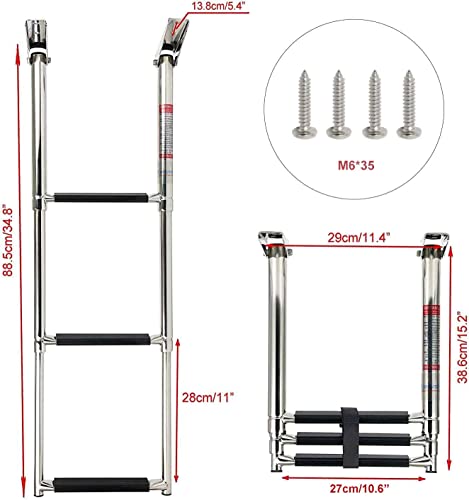 FreeTec 3 Steps Telescoping Ladder, Escalera de Barco Marina de Natación Telescópica Inoxidable con Manija Incorporada