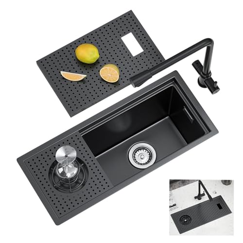 Fregadero De Barra Oculto con Grifo con Tapa Lavavasos Mini Lavabo para Lavavajillas De Acero Inoxidable. Fregadero Tamaño Pequeño En La Despensa Casa Rodante Tipo Estudio (Color : Black Steel, S :