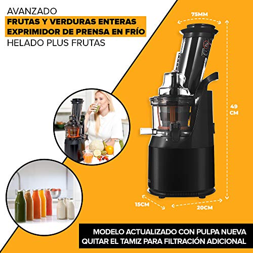 Fridja F1900 - Fruta y Vegetal Cold Press Extractor de Jugo Slow Juicer, Sorbete y Helado de Frutas, Extractor de Masticación Lenta, Sin BPA, 240W, Acero Inoxidable, Negro