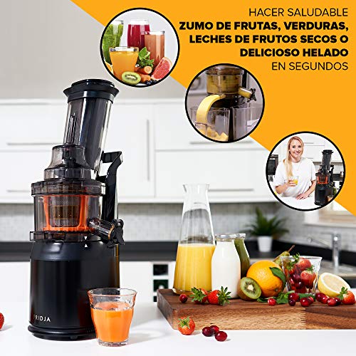 Fridja F1900 - Fruta y Vegetal Cold Press Extractor de Jugo Slow Juicer, Sorbete y Helado de Frutas, Extractor de Masticación Lenta, Sin BPA, 240W, Acero Inoxidable, Negro