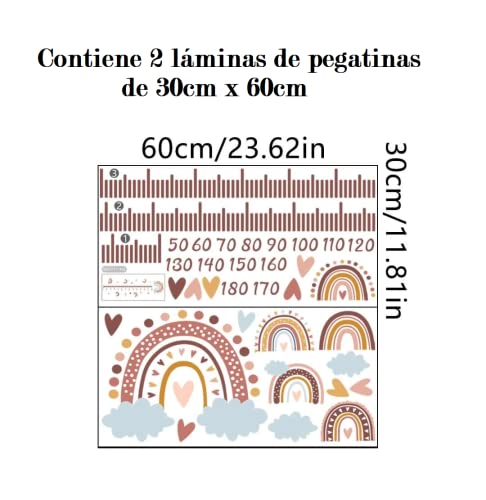 FunArtDecor Pegatina Decorativa para Pared Regla Adhesiva de Vinilo para Medir el Crecimiento Infantil con Diseño de arcoíris y Nubes - Mide hasta 180cm de Estatura.