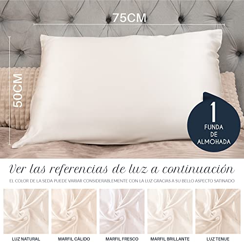 Funda de Almohada Seda - 50x75 cm - 100% Seda Natural - 19 Momme - Funda Almohada con Beneficios para el Pelo y la Piel - Antiarrugas & Antiacaros - Marfil