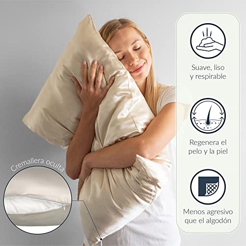 Funda de Almohada Seda - 50x75 cm - 100% Seda Natural - 19 Momme - Funda Almohada con Beneficios para el Pelo y la Piel - Antiarrugas & Antiacaros - Marfil