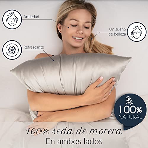 Funda de Almohada Seda - 50x75 cm - 100% Seda Natural - 19 Momme - Funda Almohada con Beneficios para el Pelo y la Piel - Antiarrugas & Antiacaros - Marfil