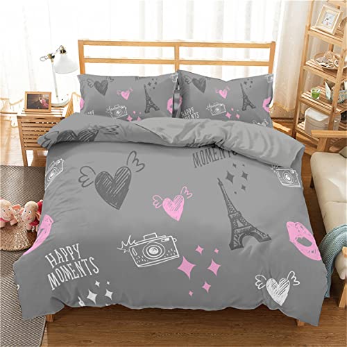 Funda Nordica Cama 90/105/135/150 Juveniles Chico La Torre Eiffel Bicicleta Corazón Microfibra Cremallera Juego De Cama Funda De Edredón Ropa De Cama 3 Piezas (Gris,Cama 105 (200 x 200 cm))