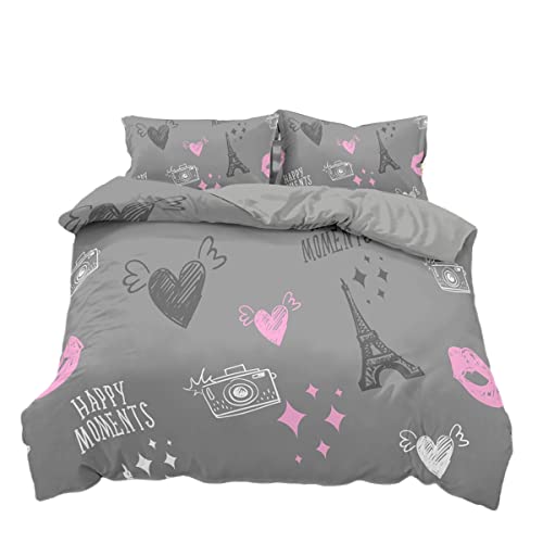 Funda Nordica Cama 90/105/135/150 Juveniles Chico La Torre Eiffel Bicicleta Corazón Microfibra Cremallera Juego De Cama Funda De Edredón Ropa De Cama 3 Piezas (Gris,Cama 105 (200 x 200 cm))