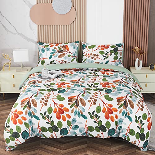 Funda Nordica Floral Multicolor Microfibra para Cama 135/150, Patrón Primavera Ramas y Hojas Funda Edredon 220x230 cm y 2 x Fundas de Almohada de 50x70 cm Suave Fundas Nórdicas Verde