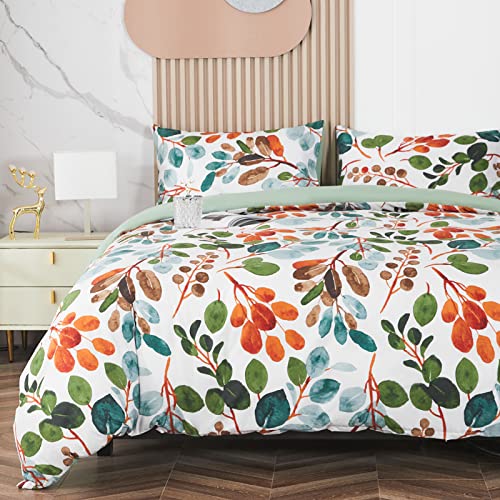 Funda Nordica Floral Multicolor Microfibra para Cama 135/150, Patrón Primavera Ramas y Hojas Funda Edredon 220x230 cm y 2 x Fundas de Almohada de 50x70 cm Suave Fundas Nórdicas Verde