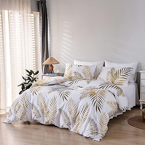 Funda Nordica para Cama 135/150 con Patrón Hojas Tropicales Funda de 220x240 cm y 2 x Fundas de Almohada de 50x75 cm Suave Juego de Ropa de Cama 100% Microfibra Oro y Blanco