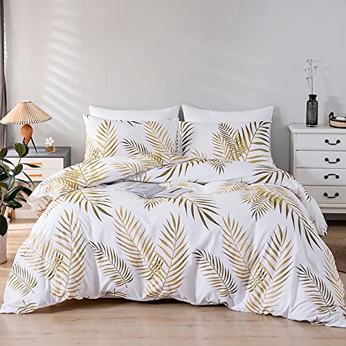 Funda Nordica para Cama 135/150 con Patrón Hojas Tropicales Funda de 220x240 cm y 2 x Fundas de Almohada de 50x75 cm Suave Juego de Ropa de Cama 100% Microfibra Oro y Blanco