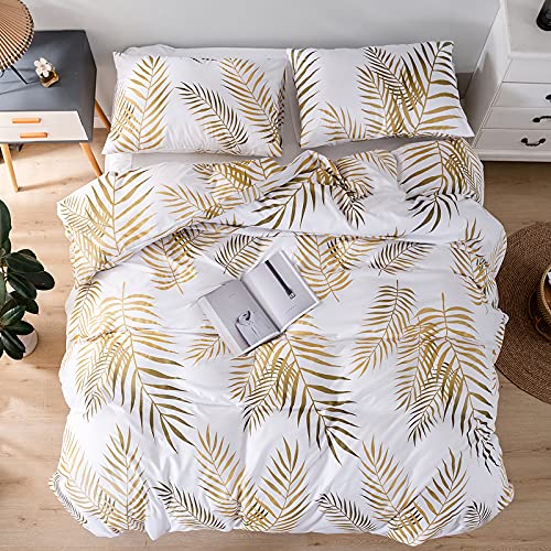 Funda Nordica para Cama 135/150 con Patrón Hojas Tropicales Funda de 220x240 cm y 2 x Fundas de Almohada de 50x75 cm Suave Juego de Ropa de Cama 100% Microfibra Oro y Blanco