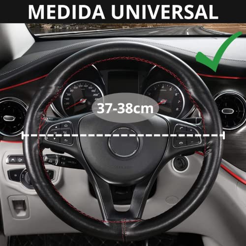 Funda Volante Cosida de Microfibra de Cuero (37-38 cm) - para Coche Universal - (Negra/Roja)