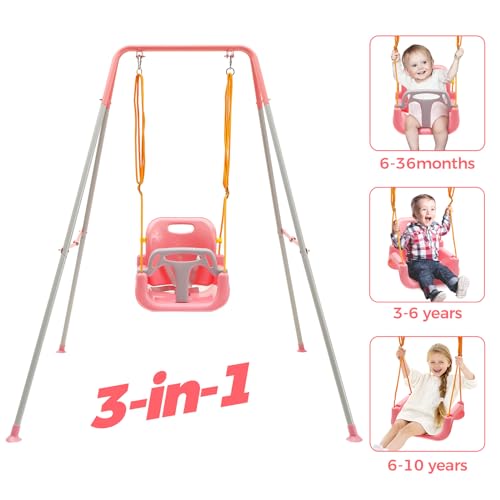 FUNLIO Juego de Columpio 3 en 1 para Niños Pequeños con 4 Sacos de Arena, Columpio para Bebé para Interiores y Exteriores con Soporte de Metal Plegable, Fácil de Montar y Guardar - Rosa