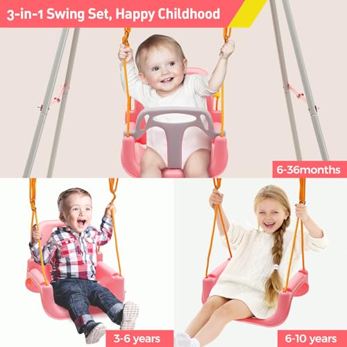 FUNLIO Juego de Columpio 3 en 1 para Niños Pequeños con 4 Sacos de Arena, Columpio para Bebé para Interiores y Exteriores con Soporte de Metal Plegable, Fácil de Montar y Guardar - Rosa