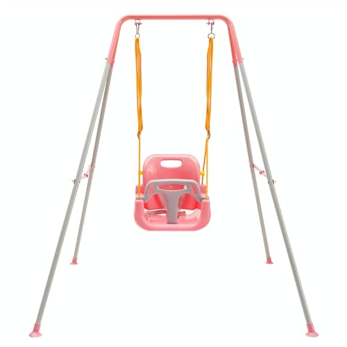 FUNLIO Juego de Columpio 3 en 1 para Niños Pequeños con 4 Sacos de Arena, Columpio para Bebé para Interiores y Exteriores con Soporte de Metal Plegable, Fácil de Montar y Guardar - Rosa