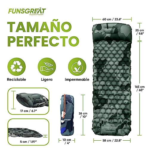 FUNSGREAT Colchoneta de Camping Inflable con el Pie - Ultraligera para Dormir con Almohada de Aire, Plegable, Impermeable - Colchón para Senderismo, Acampada y Tienda de Campaña - Camuflaje