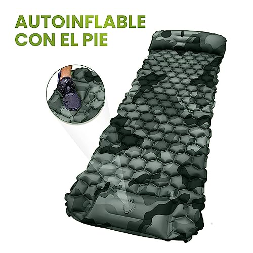 FUNSGREAT Colchoneta de Camping Inflable con el Pie - Ultraligera para Dormir con Almohada de Aire, Plegable, Impermeable - Colchón para Senderismo, Acampada y Tienda de Campaña - Camuflaje