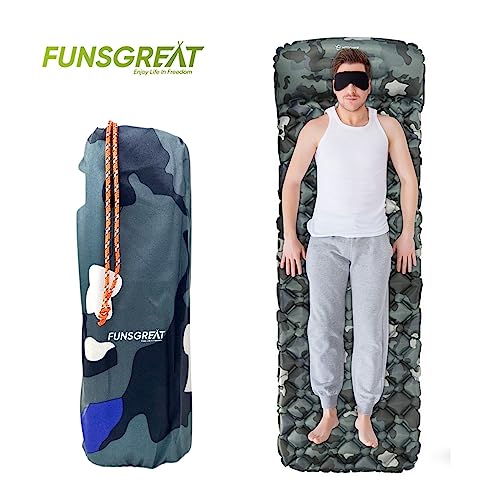 FUNSGREAT Colchoneta de Camping Inflable con el Pie - Ultraligera para Dormir con Almohada de Aire, Plegable, Impermeable - Colchón para Senderismo, Acampada y Tienda de Campaña - Camuflaje