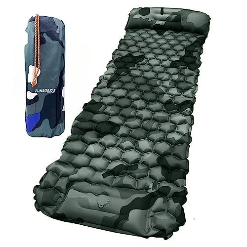 FUNSGREAT Colchoneta de Camping Inflable con el Pie - Ultraligera para Dormir con Almohada de Aire, Plegable, Impermeable - Colchón para Senderismo, Acampada y Tienda de Campaña - Camuflaje