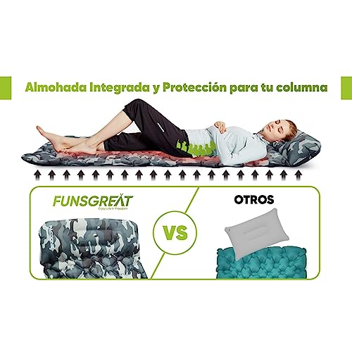 FUNSGREAT Colchoneta de Camping Inflable con el Pie - Ultraligera para Dormir con Almohada de Aire, Plegable, Impermeable - Colchón para Senderismo, Acampada y Tienda de Campaña - Camuflaje