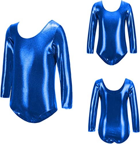 FUREINSTORE Maillot de Danza Ballet Gimnasia Leotardo Body Clásico Brillante Elástico para Niñas de Manga Larga Cuello Redondo para Bailarina (4 Años, Azul)