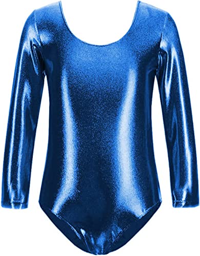 FUREINSTORE Maillot de Danza Ballet Gimnasia Leotardo Body Clásico Brillante Elástico para Niñas de Manga Larga Cuello Redondo para Bailarina (4 Años, Azul)