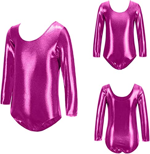 FUREINSTORE Maillot de Danza Ballet Gimnasia Leotardo Body Clásico Brillante Elástico para Niñas de Manga Larga Cuello Redondo para Bailarina (4 Años, Fucsia)