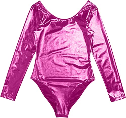 FUREINSTORE Maillot de Danza Ballet Gimnasia Leotardo Body Clásico Brillante Elástico para Niñas de Manga Larga Cuello Redondo para Bailarina (4 Años, Fucsia)