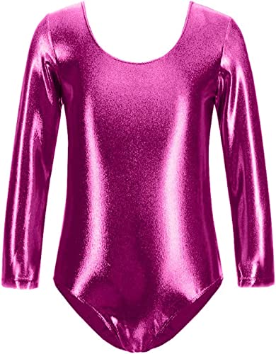 FUREINSTORE Maillot de Danza Ballet Gimnasia Leotardo Body Clásico Brillante Elástico para Niñas de Manga Larga Cuello Redondo para Bailarina (4 Años, Fucsia)