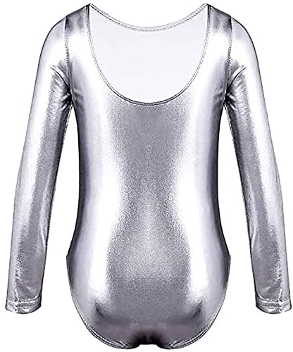 FUREINSTORE Maillot de Danza Ballet Gimnasia Leotardo Body Clásico Brillante Elástico para Niñas de Manga Larga Cuello Redondo para Bailarina (4 Años, Plata)