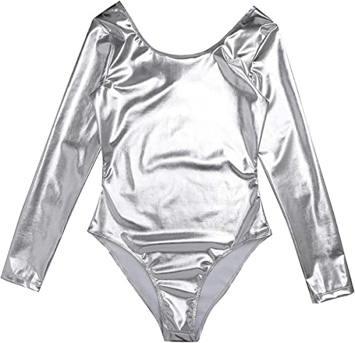 FUREINSTORE Maillot de Danza Ballet Gimnasia Leotardo Body Clásico Brillante Elástico para Niñas de Manga Larga Cuello Redondo para Bailarina (4 Años, Plata)