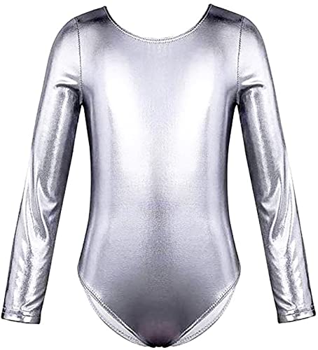 FUREINSTORE Maillot de Danza Ballet Gimnasia Leotardo Body Clásico Brillante Elástico para Niñas de Manga Larga Cuello Redondo para Bailarina (4 Años, Plata)